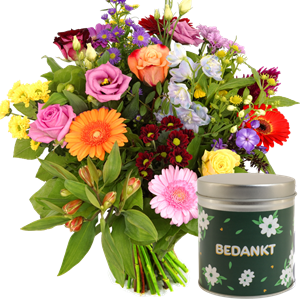 Boeketcadeau Bont boeket bedankt bloemen + snoep blikje bedankt