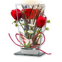 Glas-Spiegel-Windlicht mit roter Blumen-Deko und LED