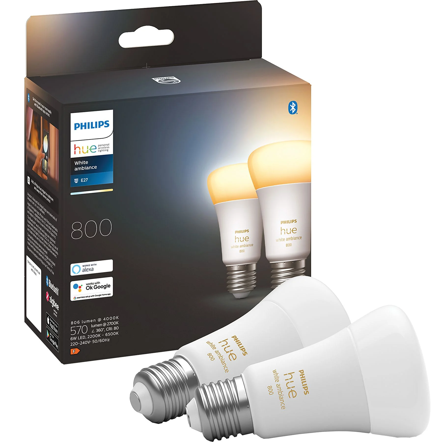 Philips Hue LED-lamp (2 stuks) 871951432824200 Energielabel: F (A - G) Hue White Ambiance E27 Dopelpack 2x570lm60W E27 12 W Warmwit tot koudwit