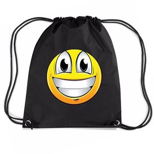 Bellatio Nylon Emoticon Smile Super Vrolijk Rugzak Zwart Met Rijgkoord - Rugzak