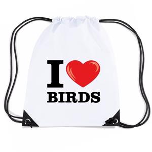 Bellatio Nylon I Love Birds/ Vogels Rugzak Wit Met Rijgkoord - Rugzak