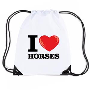 Bellatio Nylon I Love Horses/ Paarden Rugzak Wit Met Rijgkoord - Rugzak