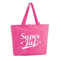 Bellatio Super Juf shopper tas - fuchsia roze - 47 x 34 x 12,5 cm - boodschappentas / strandtas