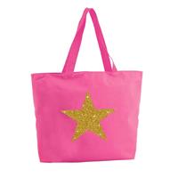 Bellatio Gouden ster glitter shopper tas - fuchsia roze - 47 x 34 x 12,5 cm - boodschappentas / strandtas
