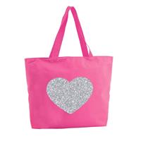 Bellatio Zilveren hart glitter shopper tas - fuchsia roze - 47 x 34 x 12,5 cm - boodschappentas / strandtas