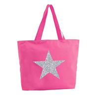 Bellatio Zilveren ster glitter shopper tas - fuchsia roze - 47 x 34 x 12,5 cm - boodschappentas / strandtas