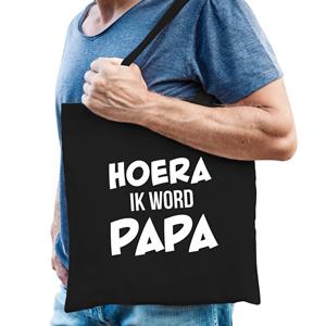 Bellatio Hoera Ik Word Papa Cadeau Katoenen Tas Zwart Voor Heren - Cadeau Aanstaande Papa - Feest Boodschappentassen