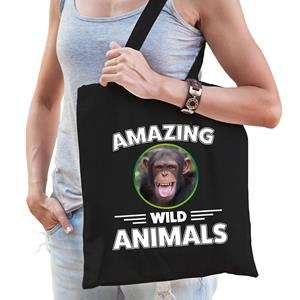 Bellatio Tasje Chimpansee Apen Amazing Wild Animals / Dieren Zwart Voor Volwassenen En Kinderen - Feest Boodschappentassen