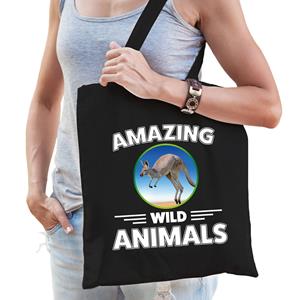 Bellatio Tasje Kangoeroes Amazing Wild Animals / Dieren Zwart Voor Volwassenen En Kinderen - Feest Boodschappentassen