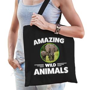 Bellatio Tasje Olifanten Amazing Wild Animals / Dieren Zwart Voor Volwassenen En Kinderen - Feest Boodschappentassen