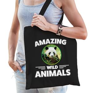 Bellatio Tasje Pandaberen Amazing Wild Animals / Dieren Zwart Voor Volwassenen En Kinderen - Feest Boodschappentassen