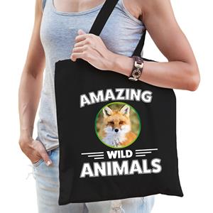 Bellatio Tasje Vossen Amazing Wild Animals / Dieren Zwart Voor Volwassenen En Kinderen - Feest Boodschappentassen