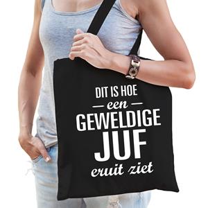 Bellatio Geweldige Juf Katoenen Cadeau Tas Zwart Voor Dames - Feest Boodschappentassen