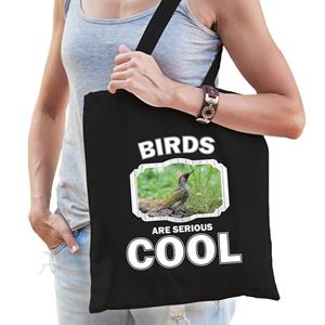 Bellatio Katoenen Tasje Birds Are Serious Cool Zwart - Vogels/ Groene Specht Cadeau Tas - Feest Boodschappentassen