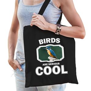 Bellatio Katoenen Tasje Birds Are Serious Cool Zwart - Vogels/ Ijsvogel Zittend Cadeau Tas - Feest Boodschappentassen