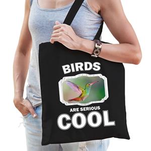 Bellatio Katoenen Tasje Birds Are Serious Cool Zwart - Vogels/ Kolibrie Vogel Cadeau Tas - Feest Boodschappentassen