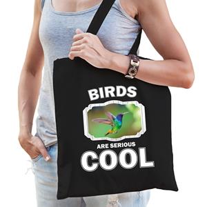 Bellatio Katoenen Tasje Birds Are Serious Cool Zwart - Vogels/ Kolibrie Vogel Cadeau Tas - Feest Boodschappentassen