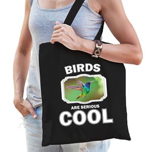 Bellatio Katoenen Tasje Birds Are Serious Cool Zwart - Vogels/ Kolibrie Vogel Vliegend Cadeau Tas - Feest Boodschappentassen
