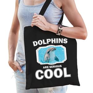 Bellatio Katoenen Tasje Dolphins Are Serious Cool Zwart - Dolfijnen/ Dolfijn Cadeau Tas - Feest Boodschappentassen