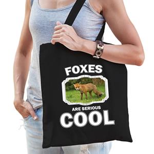 Bellatio Katoenen Tasje Foxes Are Serious Cool Zwart - Vossen/ Bruine Vos Cadeau Tas - Feest Boodschappentassen