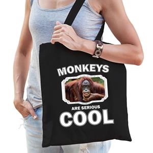 Bellatio Katoenen Tasje Monkeys Are Serious Cool Zwart - Apen/ Gekke Orangoetan Cadeau Tas - Feest Boodschappentassen
