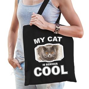 Bellatio Katoenen Tasje My Cat Is Serious Cool Zwart - Britse Kortharen / Katten Cadeau Tas - Feest Boodschappentassen