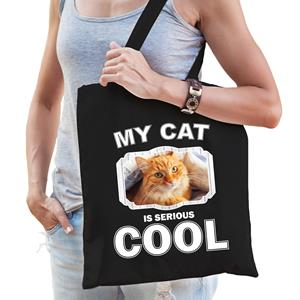 Bellatio Katoenen Tasje My Cat Is Serious Cool Zwart - Rode Katten / Katten Cadeau Tas - Feest Boodschappentassen