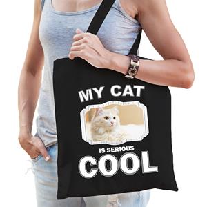 Bellatio Katoenen Tasje My Cat Is Serious Cool Zwart - Witte Katten / Katten Cadeau Tas - Feest Boodschappentassen