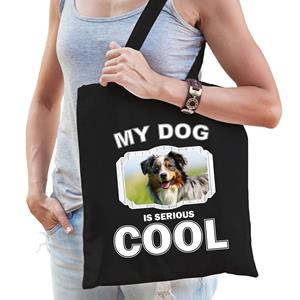 Bellatio Katoenen Tasje My Dog Is Serious Cool Zwart - Australische Herder Honden Cadeau Tas - Feest Boodschappentassen