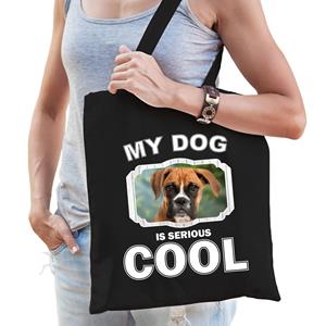 Bellatio Katoenen Tasje My Dog Is Serious Cool Zwart - Boxer Honden Cadeau Tas - Feest Boodschappentassen