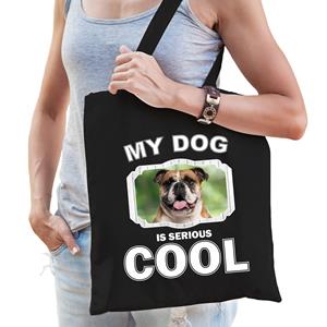 Bellatio Katoenen Tasje My Dog Is Serious Cool Zwart - Britse Bulldog Honden Cadeau Tas - Feest Boodschappentassen