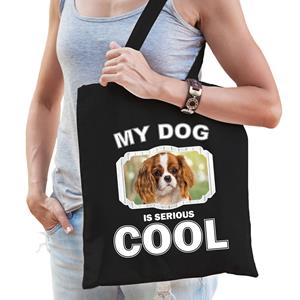 Bellatio Katoenen Tasje My Dog Is Serious Cool Zwart - Charles Spaniel Honden Cadeau Tas - Feest Boodschappentassen