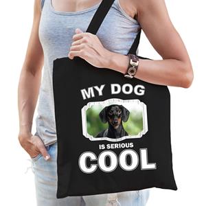 Bellatio Katoenen Tasje My Dog Is Serious Cool Zwart - Coole Teckel Honden Cadeau Tas - Feest Boodschappentassen