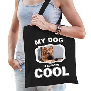 Bellatio Katoenen Tasje My Dog Is Serious Cool Zwart - Duitse Herder Honden Cadeau Tas - Feest Boodschappentassen