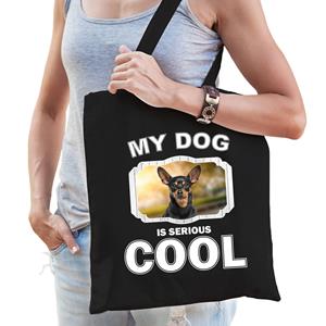 Bellatio Katoenen Tasje My Dog Is Serious Cool Zwart - Dwergpinscher Honden Cadeau Tas - Feest Boodschappentassen