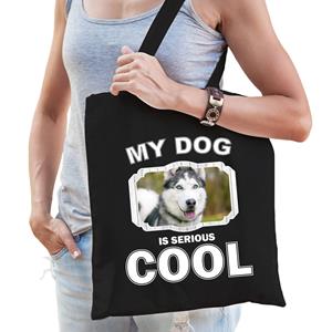 Bellatio Katoenen Tasje My Dog Is Serious Cool Zwart - Husky Honden Cadeau Tas - Feest Boodschappentassen