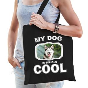 Bellatio Katoenen Tasje My Dog Is Serious Cool Zwart - Husky Honden Cadeau Tas - Feest Boodschappentassen