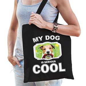 Bellatio Katoenen Tasje My Dog Is Serious Cool Zwart - Jack Russel Honden Cadeau Tas - Feest Boodschappentassen