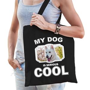 Bellatio Katoenen Tasje My Dog Is Serious Cool Zwart - Witte Herder Honden Cadeau Tas - Feest Boodschappentassen