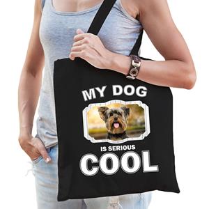 Bellatio Katoenen Tasje My Dog Is Serious Cool Zwart - Yorkshire Terrier Honden Cadeau Tas - Feest Boodschappentassen