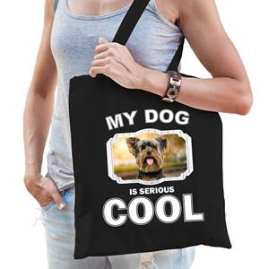 Bellatio Katoenen Tasje My Dog Is Serious Cool Zwart - Yorkshire Terrier Honden Cadeau Tas - Feest Boodschappentassen