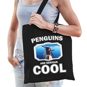 Bellatio Katoenen Tasje Penguins Are Serious Cool Zwart - Pinguins/ Pinguin Cadeau Tas - Feest Boodschappentassen