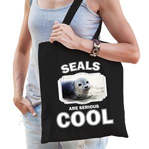 Bellatio Katoenen Tasje Seals Are Serious Cool Zwart - Zeehonden/ Grijze Zeehond Cadeau Tas - Feest Boodschappentassen