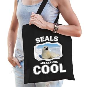 Bellatio Katoenen Tasje Seals Are Serious Cool Zwart - Zeehonden/ Witte Zeehond Cadeau Tas - Feest Boodschappentassen