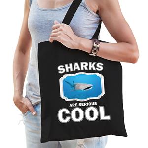 Bellatio Katoenen Tasje Sharks Are Serious Cool Zwart - Haaien/ Walvishaai Cadeau Tas - Feest Boodschappentassen