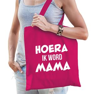 Bellatio Hoera Ik Word Mama Cadeau Katoenen Tas Fuchsia Roze Voor Dames - Cadeau Aanstaande Mama - Feest Boodschappentassen