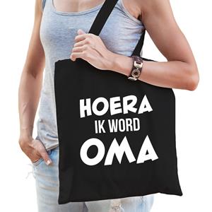 Bellatio Hoera Ik Word Oma Cadeau Katoenen Tas Zwart Voor Dames - Cadeau Aanstaande Oma - Feest Boodschappentassen