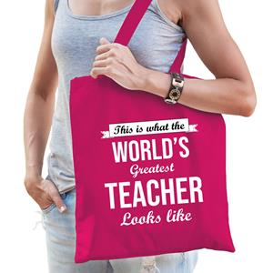 Bellatio Worlds Greatest Teacher Lerares Cadeau Tas Roze Voor Dames - Feest Boodschappentassen
