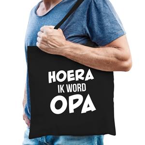 Bellatio Hoera Ik Word Opa Cadeau Katoenen Tas Zwart Voor Heren - Cadeau Aanstaande Opa - Feest Boodschappentassen