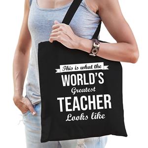 Bellatio Worlds Greatest Teacher Lerares Cadeau Tas Zwart Voor Dames - Feest Boodschappentassen